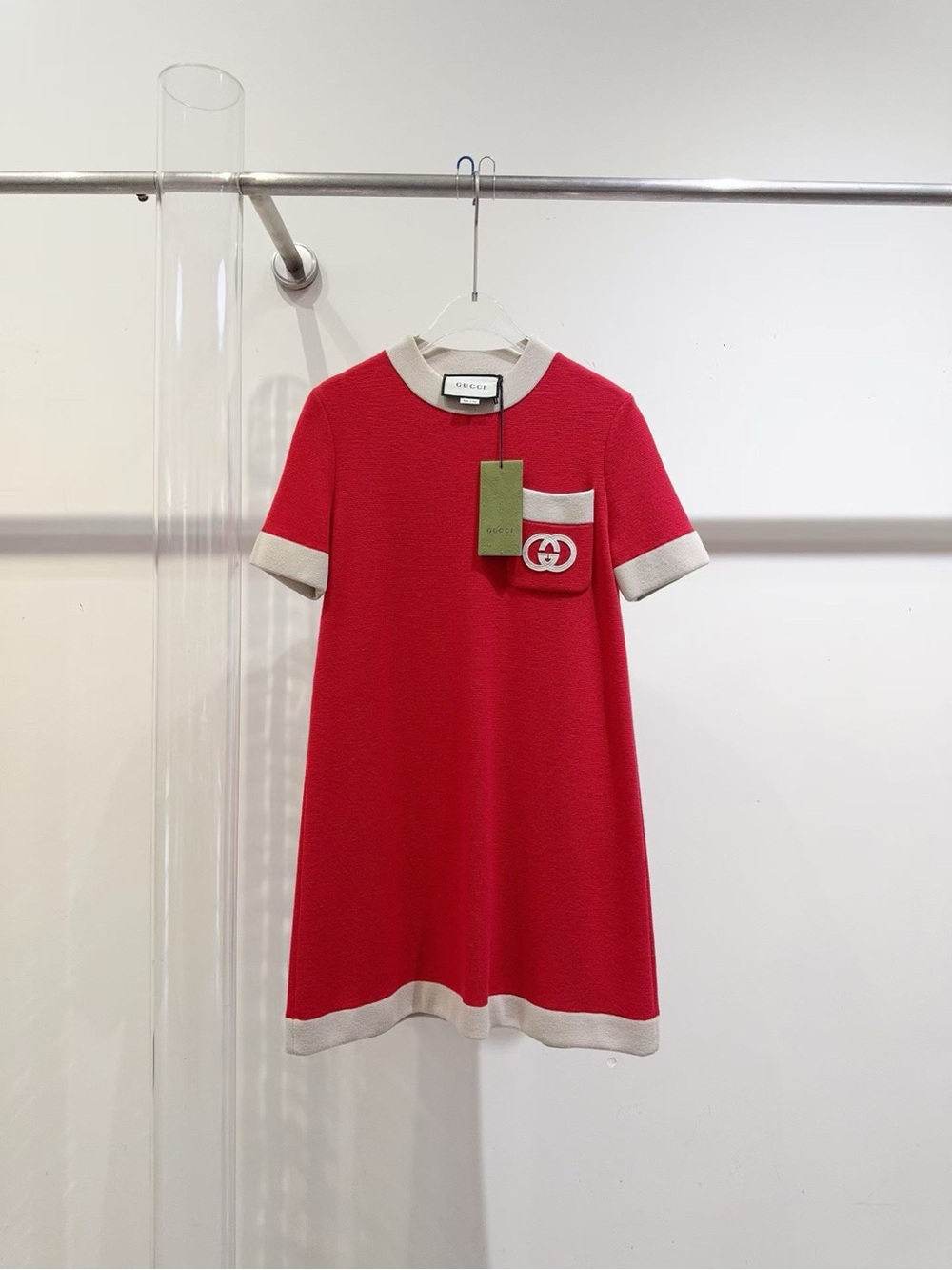 Gucci Red Knit Short-Sleeve Dress with Cream Trim